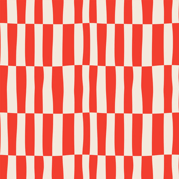 Abstract seamless monochrome geometric pattern of vertical red stripes in a row on a light background, distorted checkerboard pattern, checkered pattern, hand drawn vector illustration, flat style