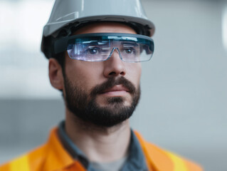 Fototapeta premium Male engineer wearing augmented reality glasses, safety helmet, and orange vest, focused expression, modern technology