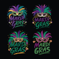 Obraz premium Colorful mardi gras mask designs with feathers beads and rhythmic festive typography for celebrations
