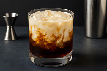 White Russian cocktail in rocks glass with ice and cream closeup perfect party drink