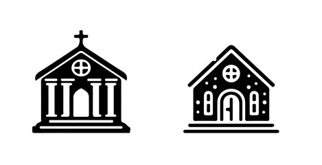 Two church building icons displayed in black and white showcasing distinct architectural designs and religious symbols