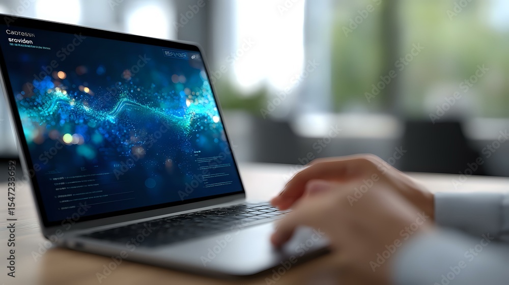 Poster digital analytics dashboard with glowing blue data visualization on laptop screen, hands typing on k