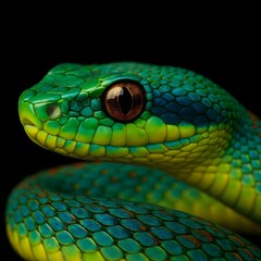 Fototapeta premium Vibrant Tropical Snake Close-Up Showing Detailed Scales and Eyes with Studio Lighting on Black Background