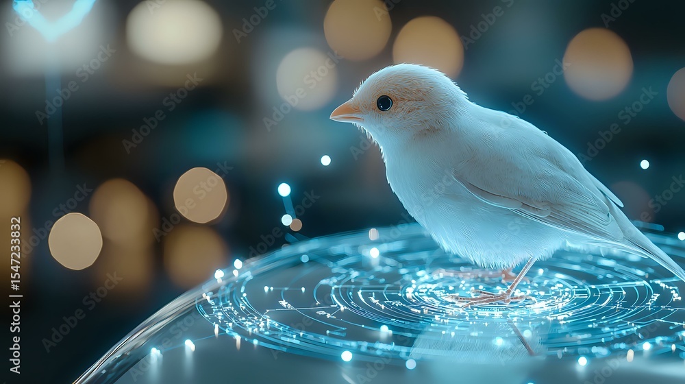 Poster white bird standing on rippling water surface with magical glowing circles and bokeh lights creating