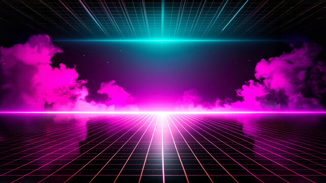 A pink neon grid floor stretches toward a bright central glow, mirrored by a blue grid ceiling. Vivid clouds of magenta fog rise from both sides, creating a surreal, vaporwave-inspired corridor.