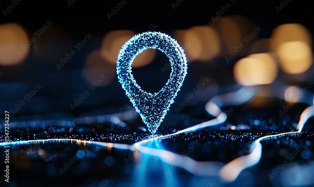 Poster glowing blue location pin marker floating over digital map with bokeh lights background, representin