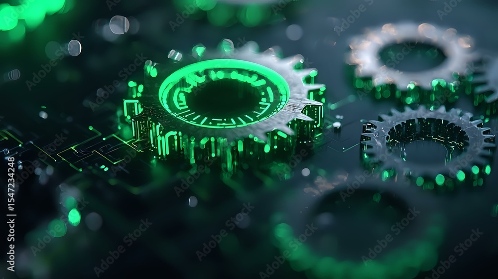 Poster glowing green mechanical gears with digital circuit elements on dark background illustrate modern te
