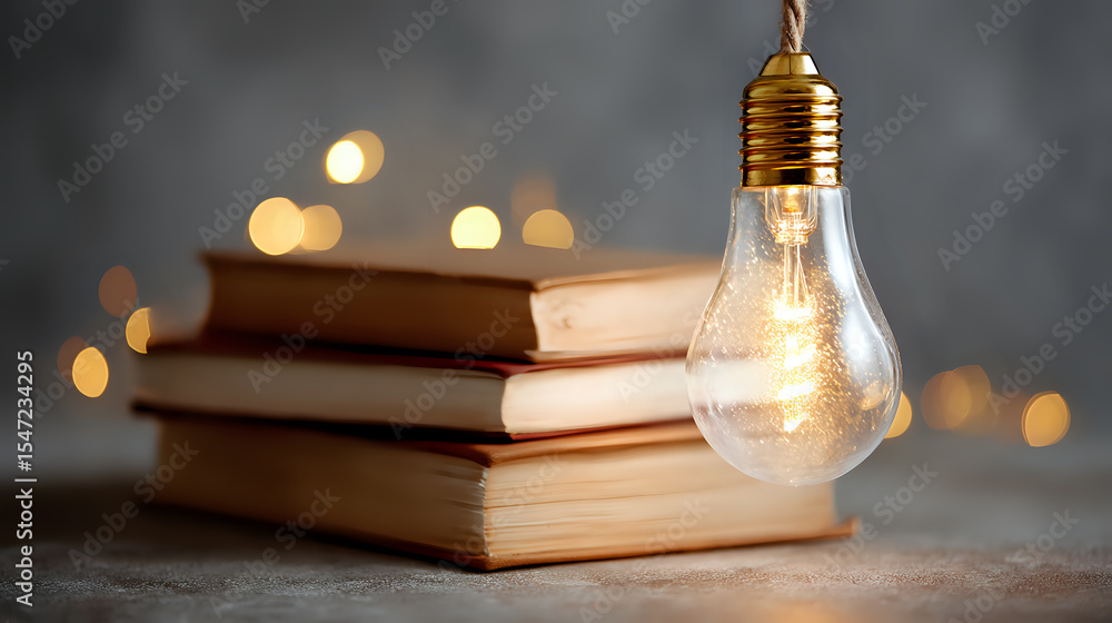 Poster glowing light bulb hanging above stack of vintage books with soft bokeh background creates atmospher