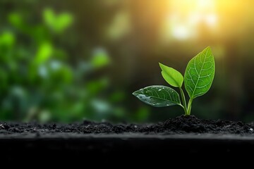Naklejka premium Young green plant seedling growing in fertile soil with water drops and sunlight, symbolizing growth, new beginnings, and environmental sustainability.