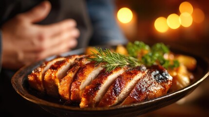 Improper cooking causes intestinal cramps and bad digestion concept. Deliciously roasted chicken served on a rustic plate.