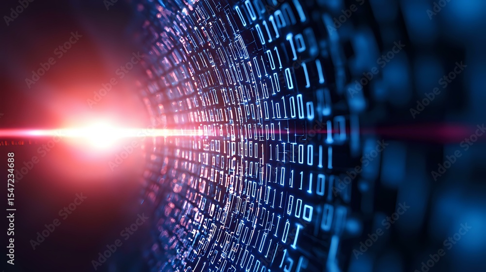 Poster digital binary code tunnel with glowing red light beam effect in dark blue cyberspace background, mo