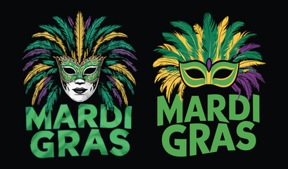 Festive mardi gras masks with colorful feathers and green lettering against a black background
