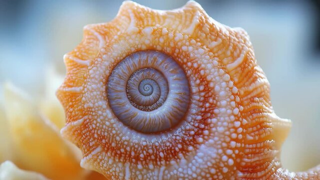 Spiraled seashell resting on sandy surface highlighting intricate textures and natural beauty found at the beach