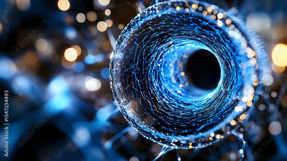 Poster glowing blue spiral tunnel with bokeh light effects creates mesmerizing abstract background pattern.