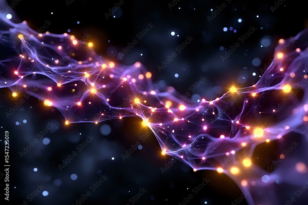 Poster abstract glowing purple and orange energy wave with light particles flowing through dark space backg