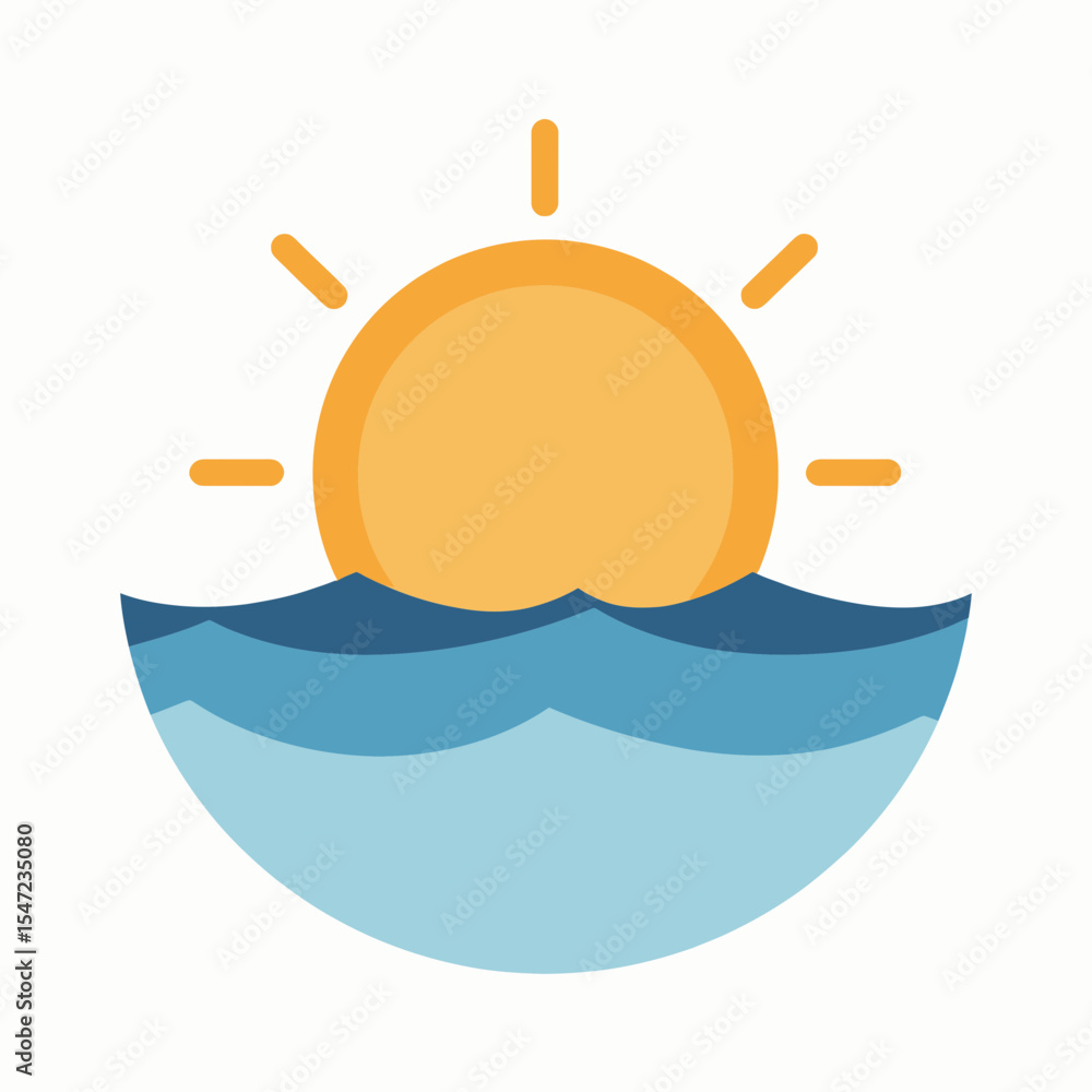 Poster sun setting over ocean waves in flat design style