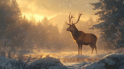 Majestic stag silhouetted against golden sunrise in misty winter forest landscape with snow covered ground and ethereal morning light streaming through trees.
