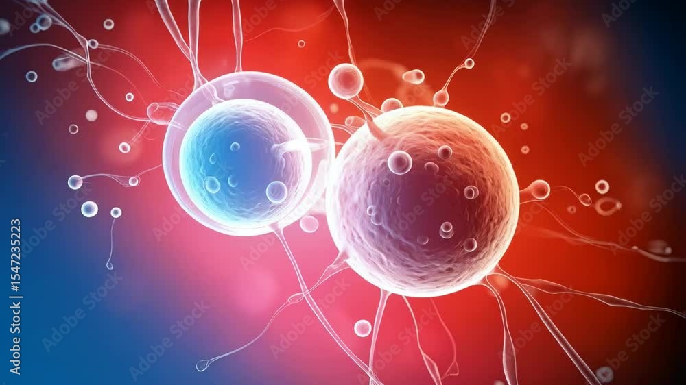 Poster microscopic view of cells with clear membranes and various small bubble-like structures on a red and