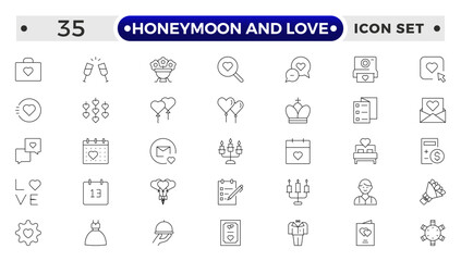 Honeymoon and Love Outline Icon Set – Romance, Weddings, Travel, and Celebrations.