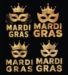Gold mardi gras masquerade masks and crowns pattern on black background