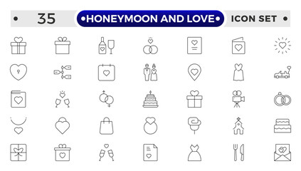 Honeymoon and Love Outline Icon Set – Romance, Weddings, Travel, and Celebrations.