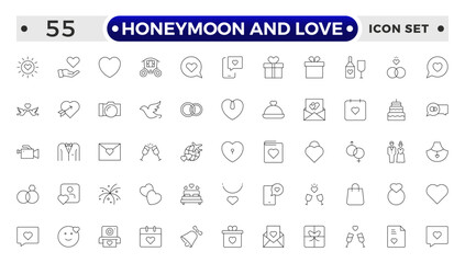 Honeymoon and Love Outline Icon Set – Romance, Weddings, Travel, and Celebrations.
