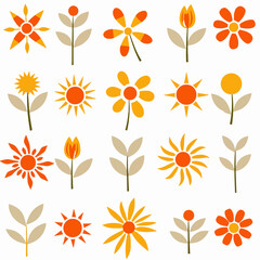 Colorful floral pattern with orange flowers and leaves on white background  