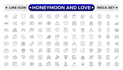 Honeymoon and Love Outline Icon Set – Romance, Weddings, Travel, and Celebrations.