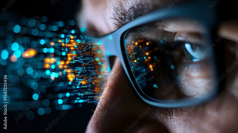 Aufkleber futuristic digital code reflection in eyeglasses with glowing orange and blue data streams against d
