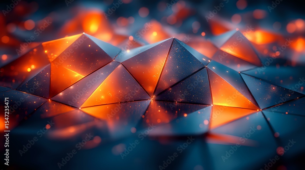 Aufkleber Abstract geometric surface with glowing orange light and blue shadows creating dynamic triangular pattern, modern technology concept for digital backgrounds.