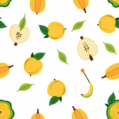 Colorful fruit pattern with melon, pears, and leaves on white background  