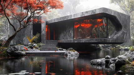 Modern Concrete House, Autumn Pond