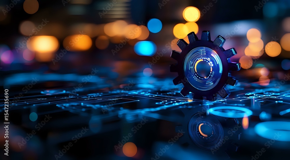 Poster glowing blue gear wheel on reflective surface with blurred bokeh lights in background creates futuri