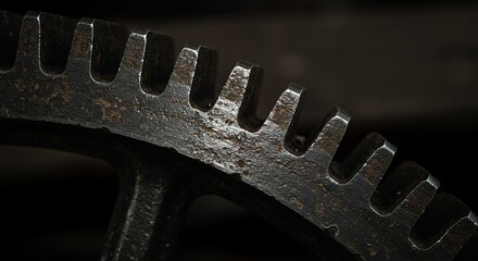 Close-up of a Weathered Industrial Gear's Teeth, Dark Background