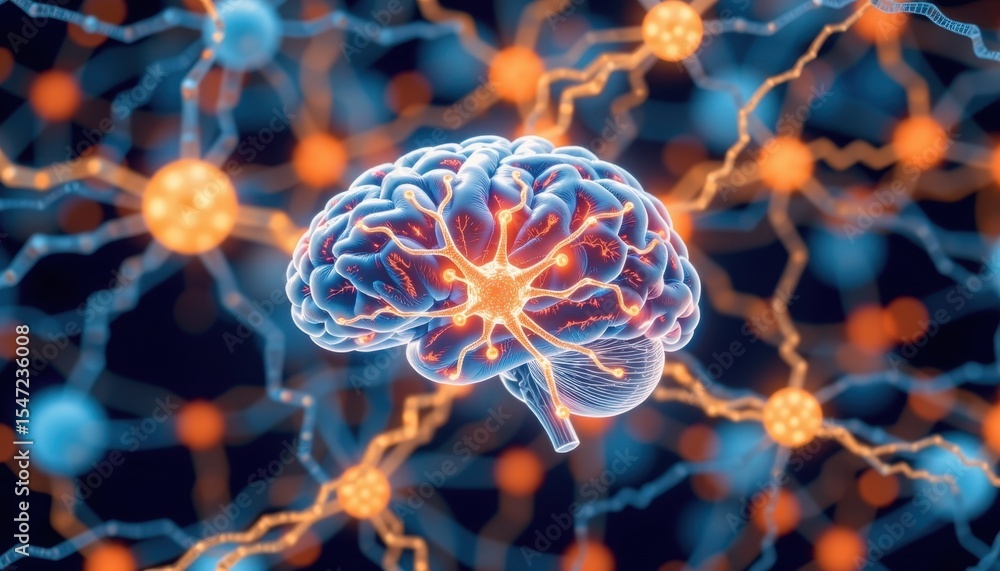 Poster neurological disorders concept. brain with neural connections in a colorful digital illustration.