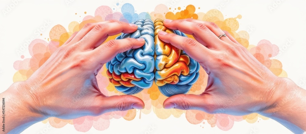Poster neurological disorders concept. hands holding a colorful brain illustration with abstract background