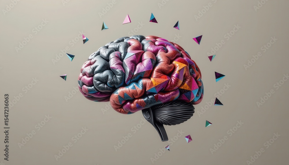 Poster neurological disorders concept. illustration of a colorful brain with geometric shapes surrounding i