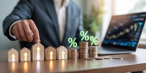 Real Estate Investment Growth: A businessman strategically places a miniature house model on a row of illuminated wooden blocks, representing increasing property value.
