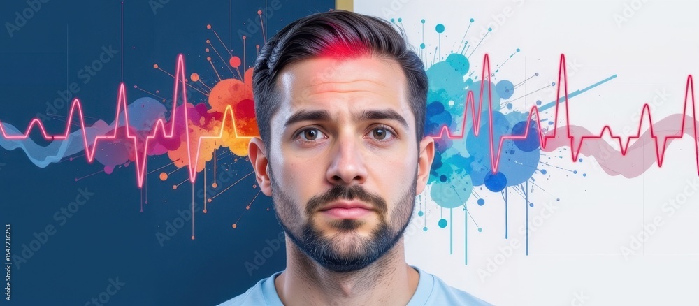 Poster neurological disorders concept. portrait of a man with colorful sound waves and heartbeat lines behi