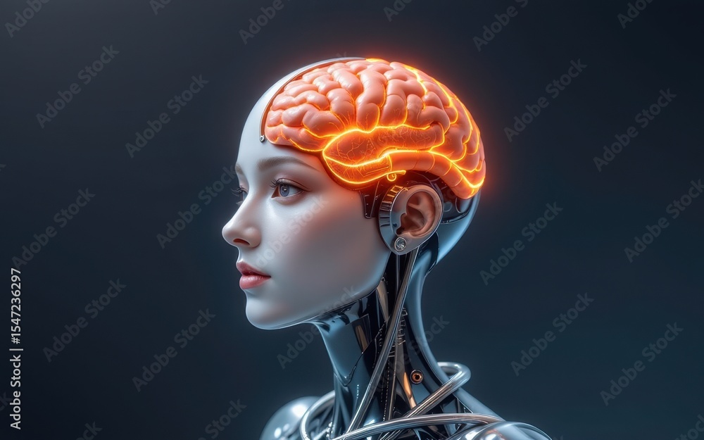 Poster neurological disorders concept. futuristic robot with a glowing brain design.