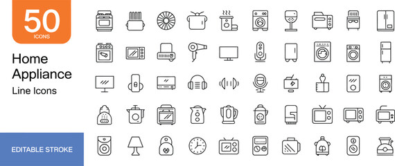 Home appliance line icons depicting various household equipment