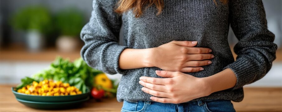 Improper cooking causes intestinal cramps and bad digestion concept. Person experiencing stomach discomfort with healthy food nearby.