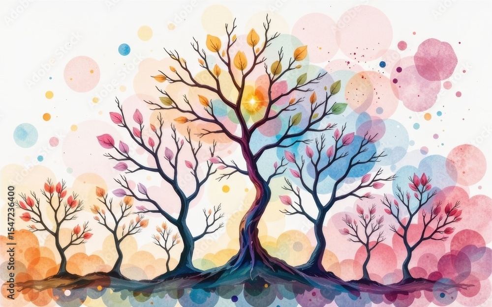 Poster neurological disorders concept. colorful trees with abstract shapes and vibrant leaves in a whimsica