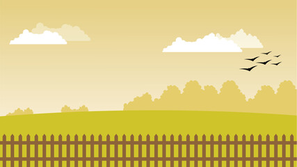 Countryside field with wooden fence and birds flying in sky background illustration