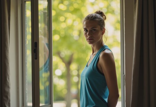 Handball player standing by an open window, showcasing focus and determination