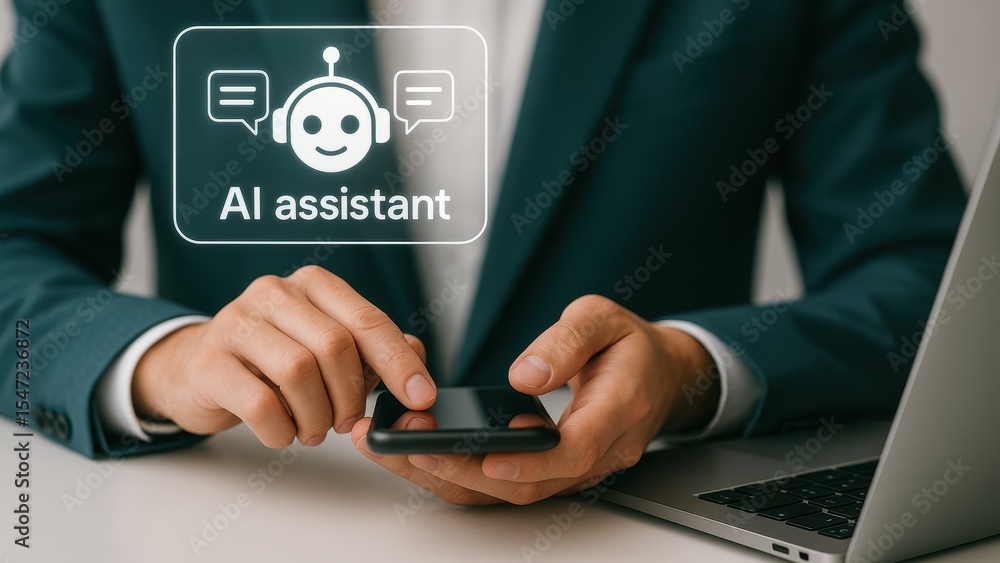Poster modern ai assistance: a business professional utilizes an advanced ai assistant on a smartphone, sho