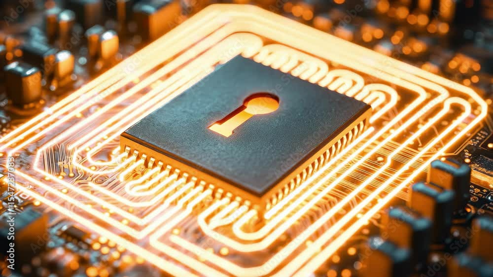 Aufkleber exploration of a computer chip with a glowing lock symbol indicating security technology advancement