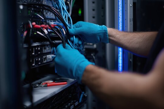 Technician managing network cables in server room during routine maintenance task