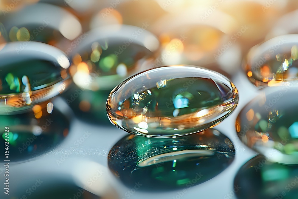 Poster transparent water drops with emerald green reflections on light surface creating abstract macro phot