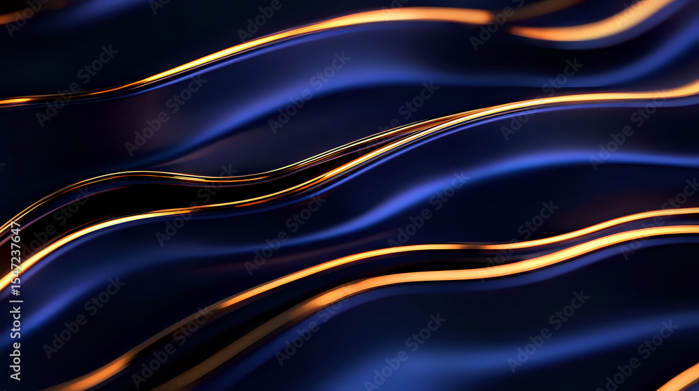 Poster Elegant flowing waves in deep navy blue with glowing golden lines creating dynamic movement pattern against dark background. Luxury abstract design element.